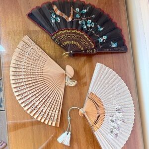 Set of Three Vintage Asian Inspired Decorative Folding Fans - Black Beige Cream